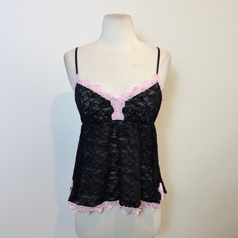 Victorias Secret Sexy Little Things Black Pink Lace Babydoll Tank Top Sz S/M